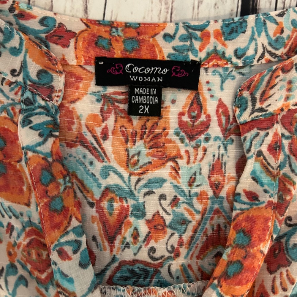 Cocomo Woman Orange Teal Floral Paisley‎ Tie Front Blouse 2X D088VE81370U - Picture 6 of 9